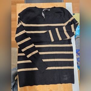LOFT Black and Tan Crewneck Sweater with Stripes